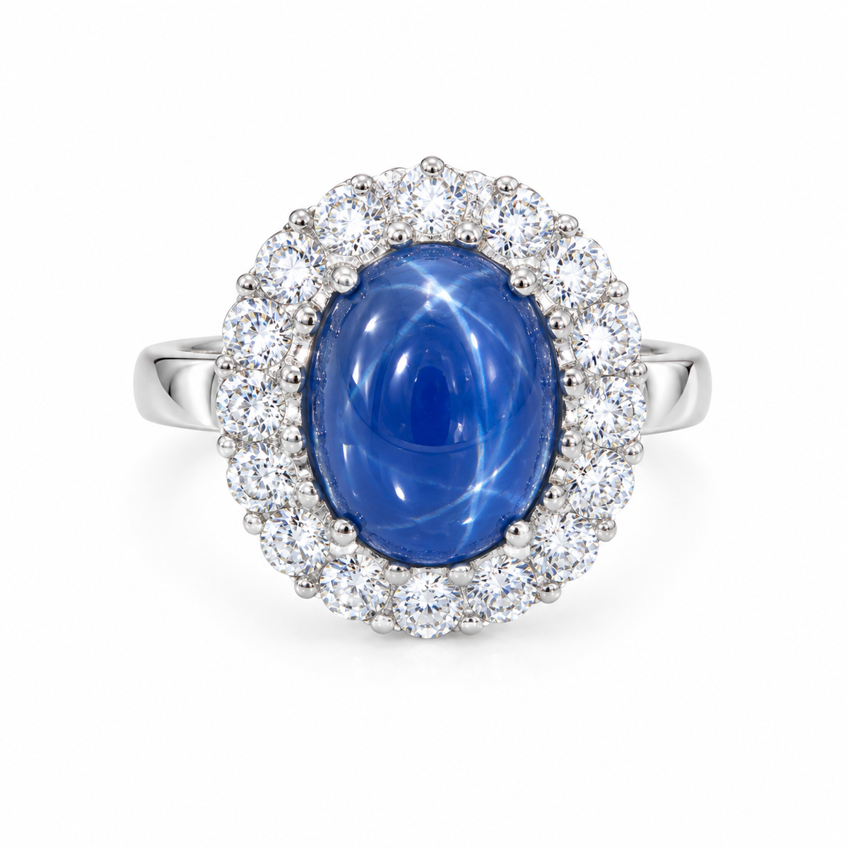 Natural Unheated Blue Sapphire 5.16 ct Cabochon and Diamond Halo Ring in 14kt White Gold, SGL Report No. 181101S-SB