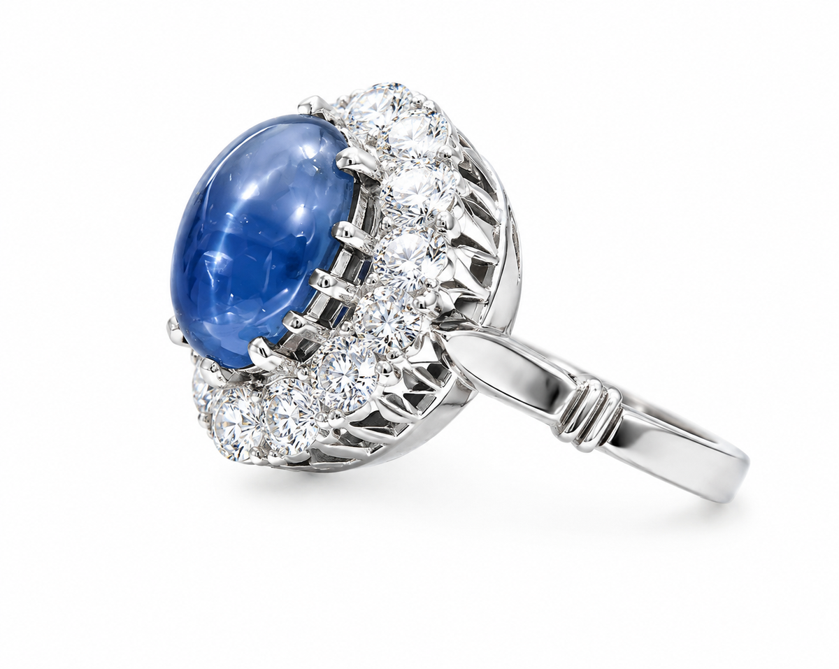 Natural Unheated Blue Sapphire 5.16 ct Cabochon and Diamond Halo Ring in 14kt White Gold, SGL Report No. 181101S-SB