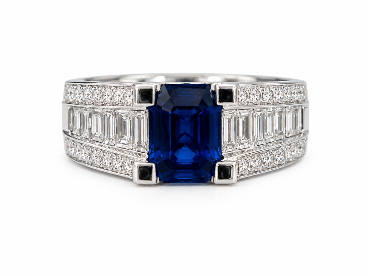Natural Thai Blue Sapphire 1.66 ct Emerald Cut and Diamond 1.25 ct Ring in 18kt White Gold, SGL Report