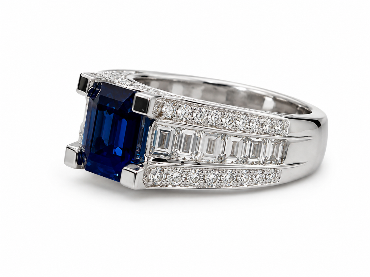Natural Thai Blue Sapphire 1.66 ct Emerald Cut and Diamond 1.25 ct Ring in 18kt White Gold, SGL Report