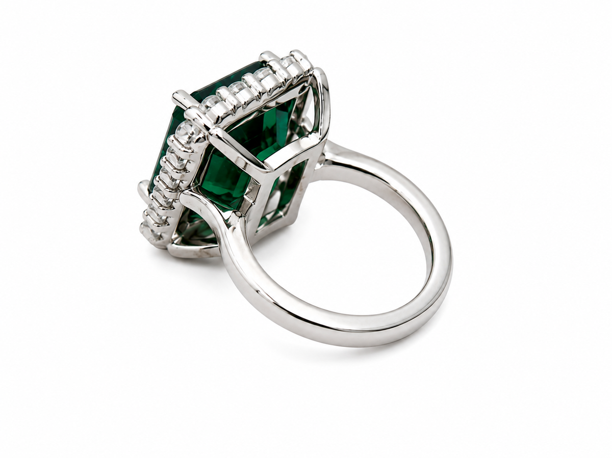 Natural Green Tourmaline 14.73 ct Emerald Cut and Diamond 2.10 ct Halo Ring in 14kt White Gold, SGL Report