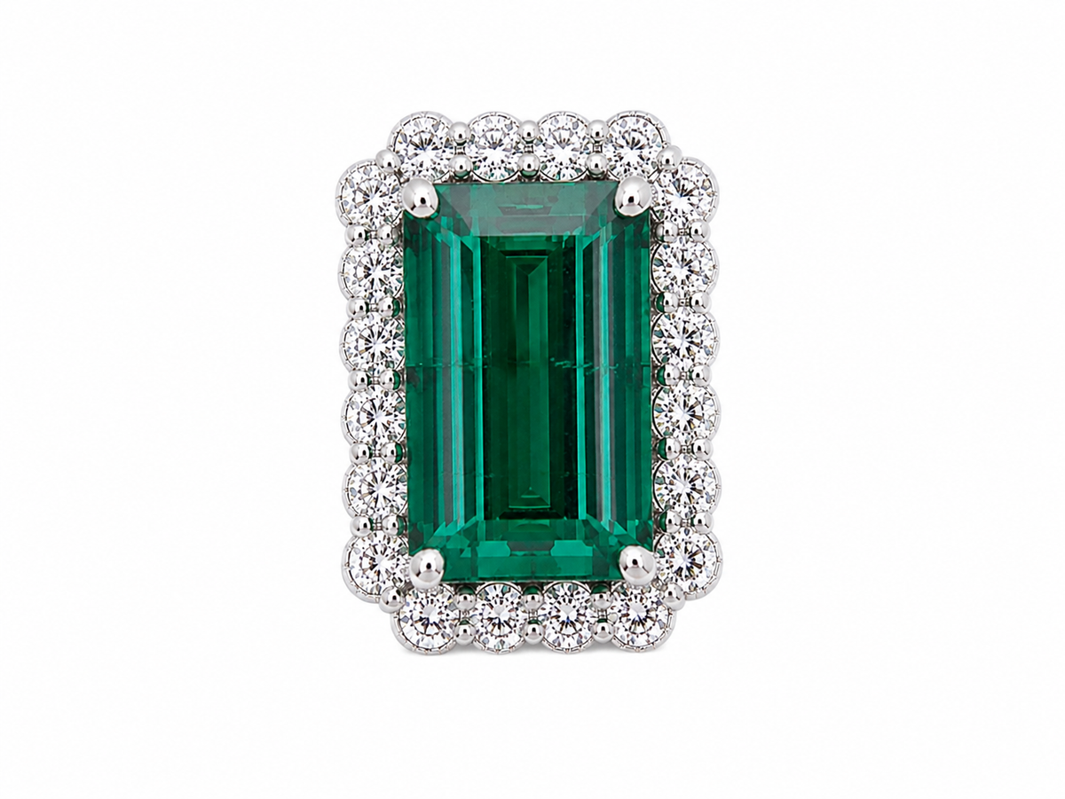 Natural Green Tourmaline 14.73 ct Emerald Cut and Diamond 2.10 ct Halo Ring in 14kt White Gold, SGL Report
