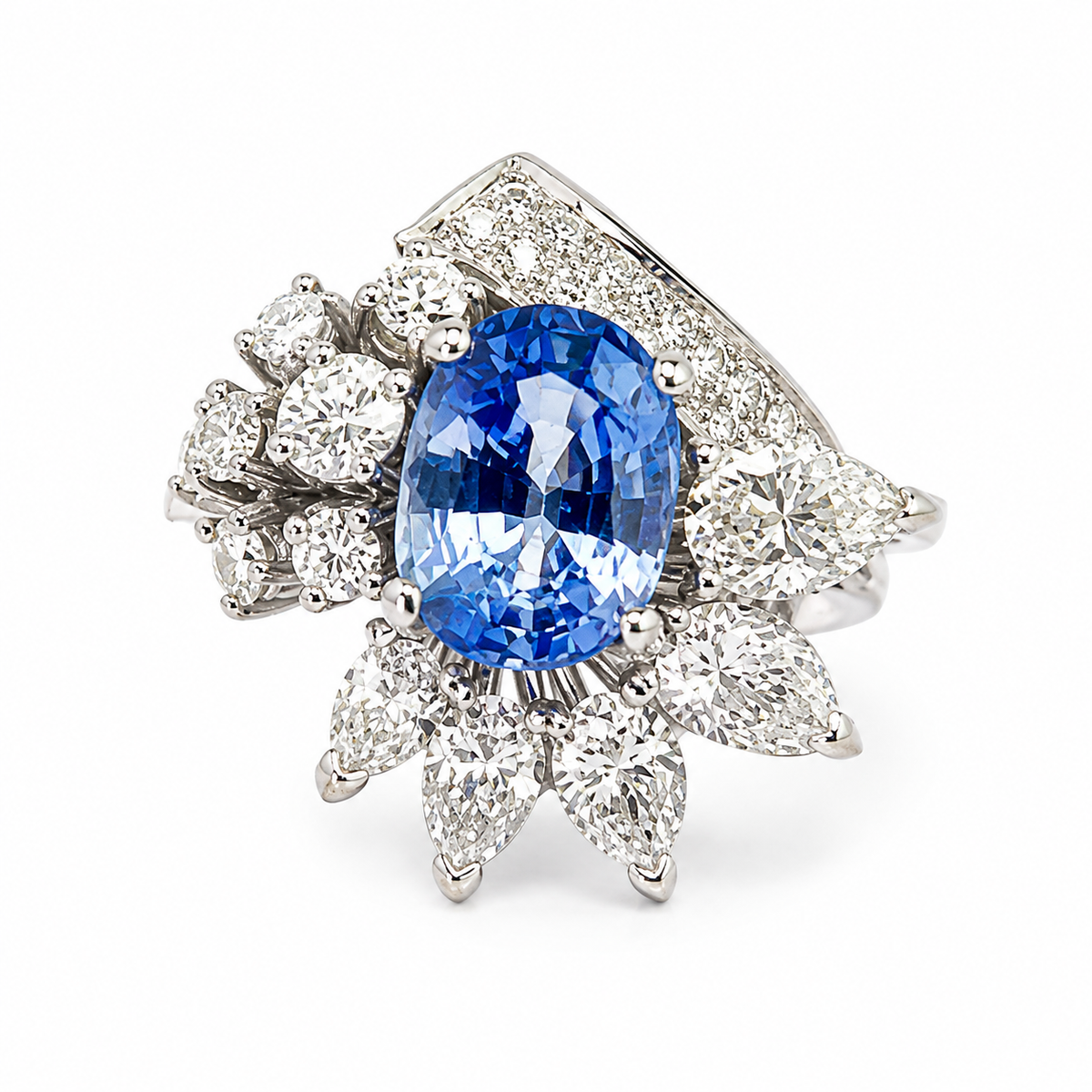 Vintage 1960s Natural Ceylon Sapphire 2.72 ct and Diamond 1.87 ct Ring in 18kt White Gold, SGL Report No. 180929S-SB