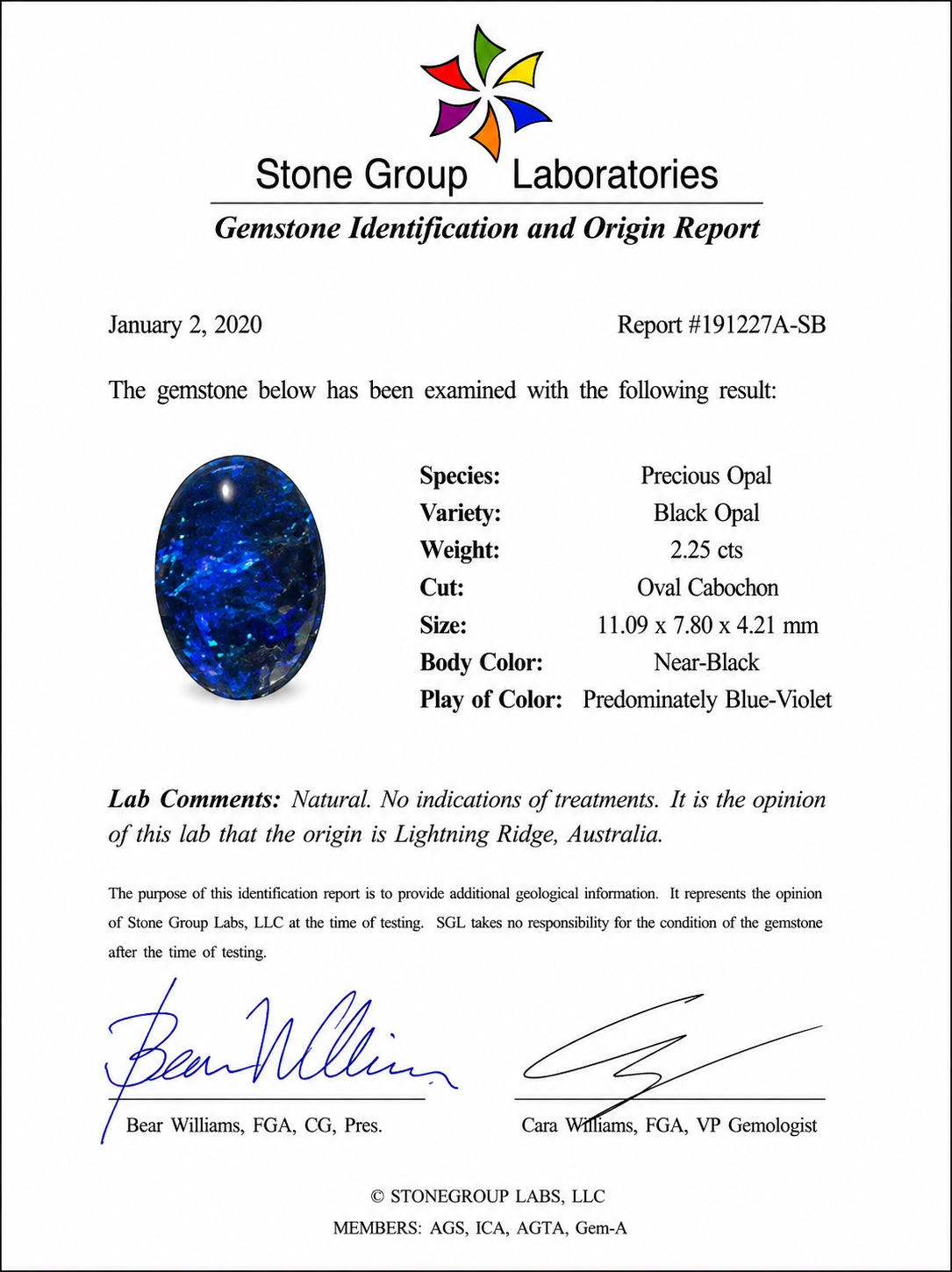 Natural Lightning Ridge Black Opal 2.25 ct and Diamond Halo Ring in 14kt White Gold, SGL Report