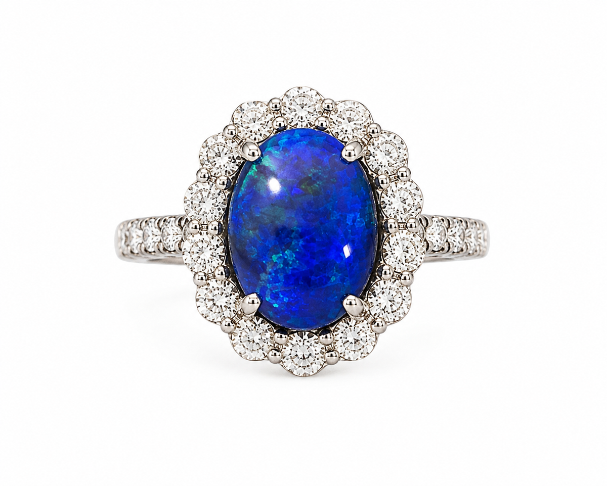 Natural Lightning Ridge Black Opal 2.25 ct and Diamond Halo Ring in 14kt White Gold, SGL Report