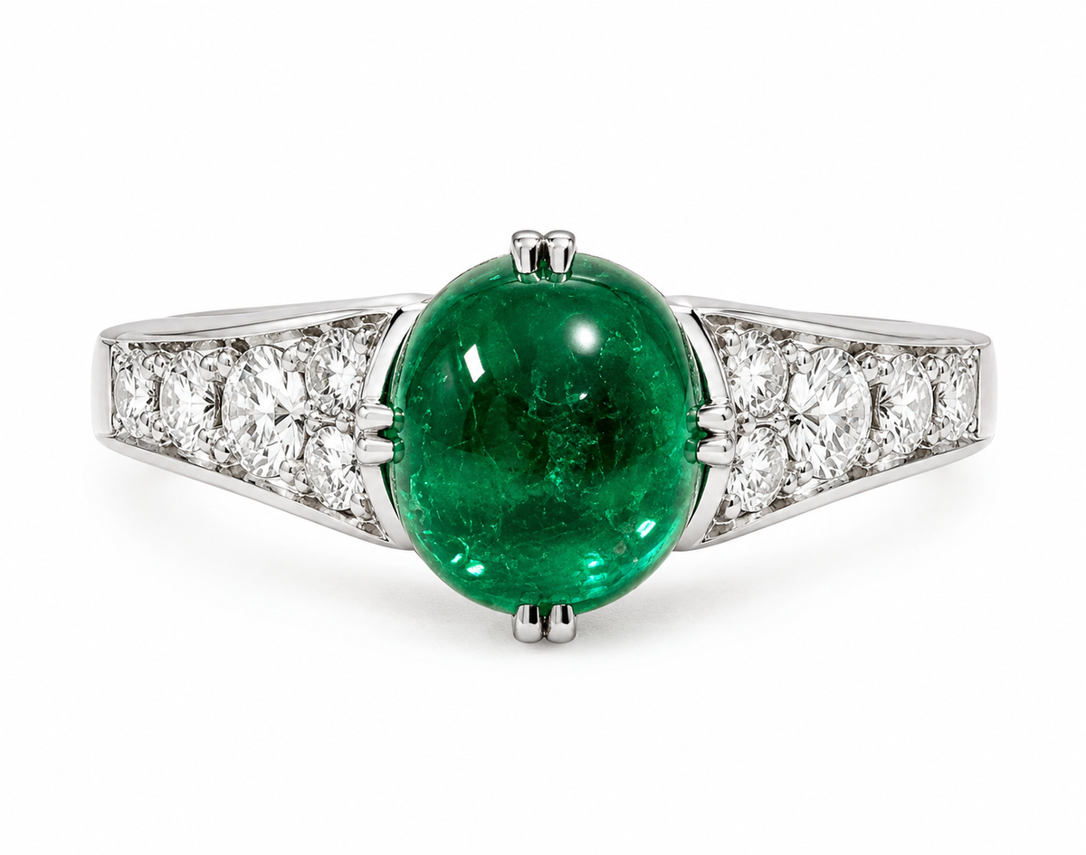Natural Colombian Emerald 1.90 ct Cushion Cabochon and Diamond Ring in 14kt White Gold, SGL Report