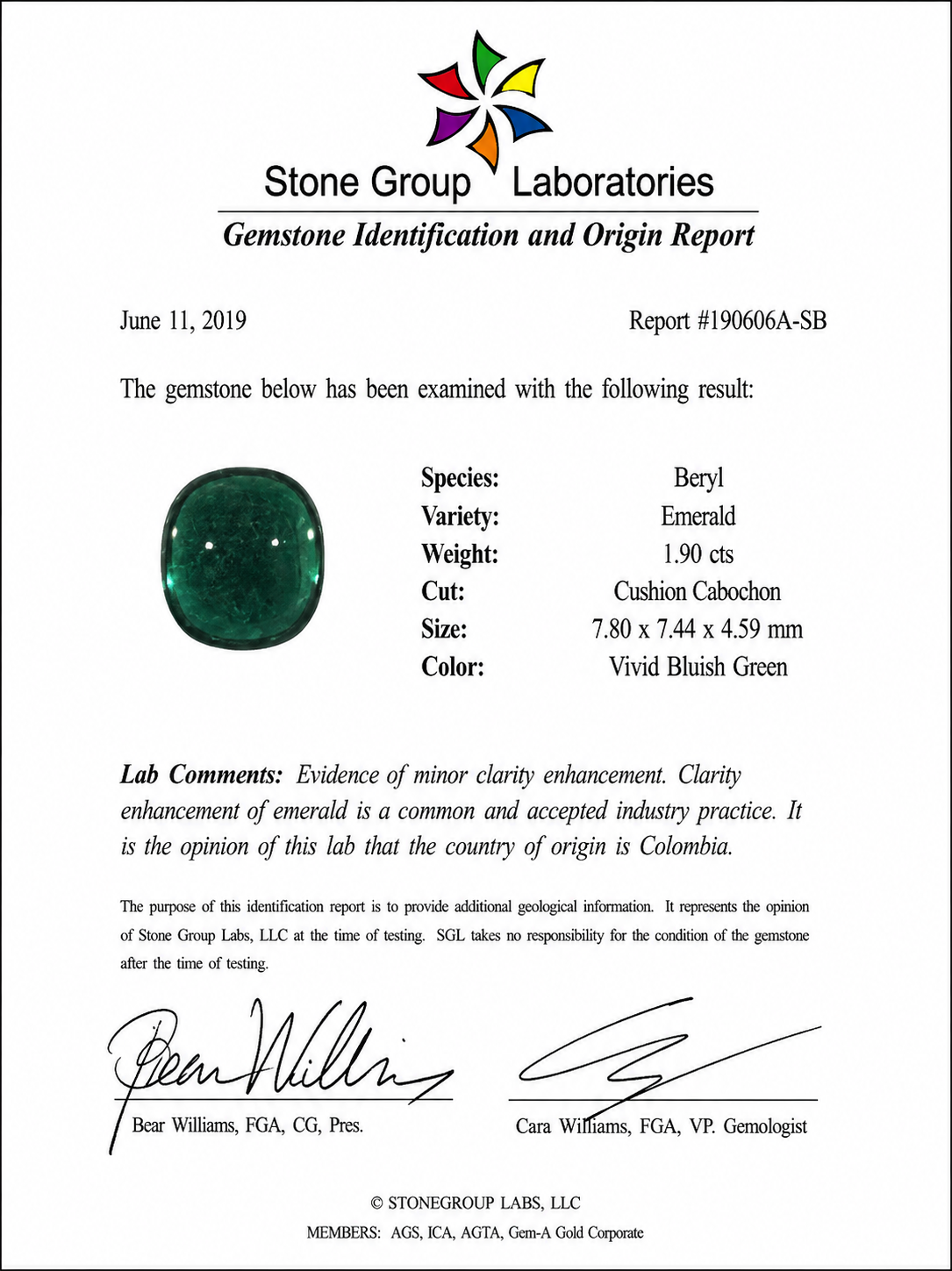 Natural Colombian Emerald 1.90 ct Cushion Cabochon and Diamond Ring in 14kt White Gold, SGL Report