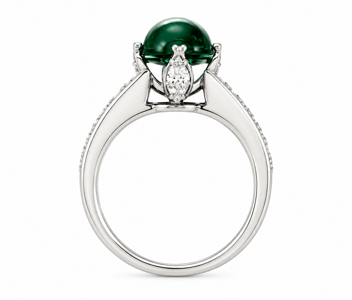 Natural Colombian Emerald 1.90 ct Cushion Cabochon and Diamond Ring in 14kt White Gold, SGL Report