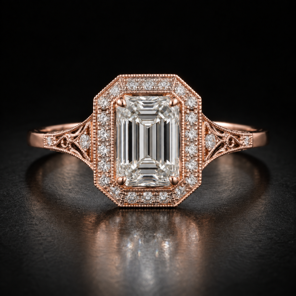 Art Deco Emerald-Cut Halo Engagement Ring