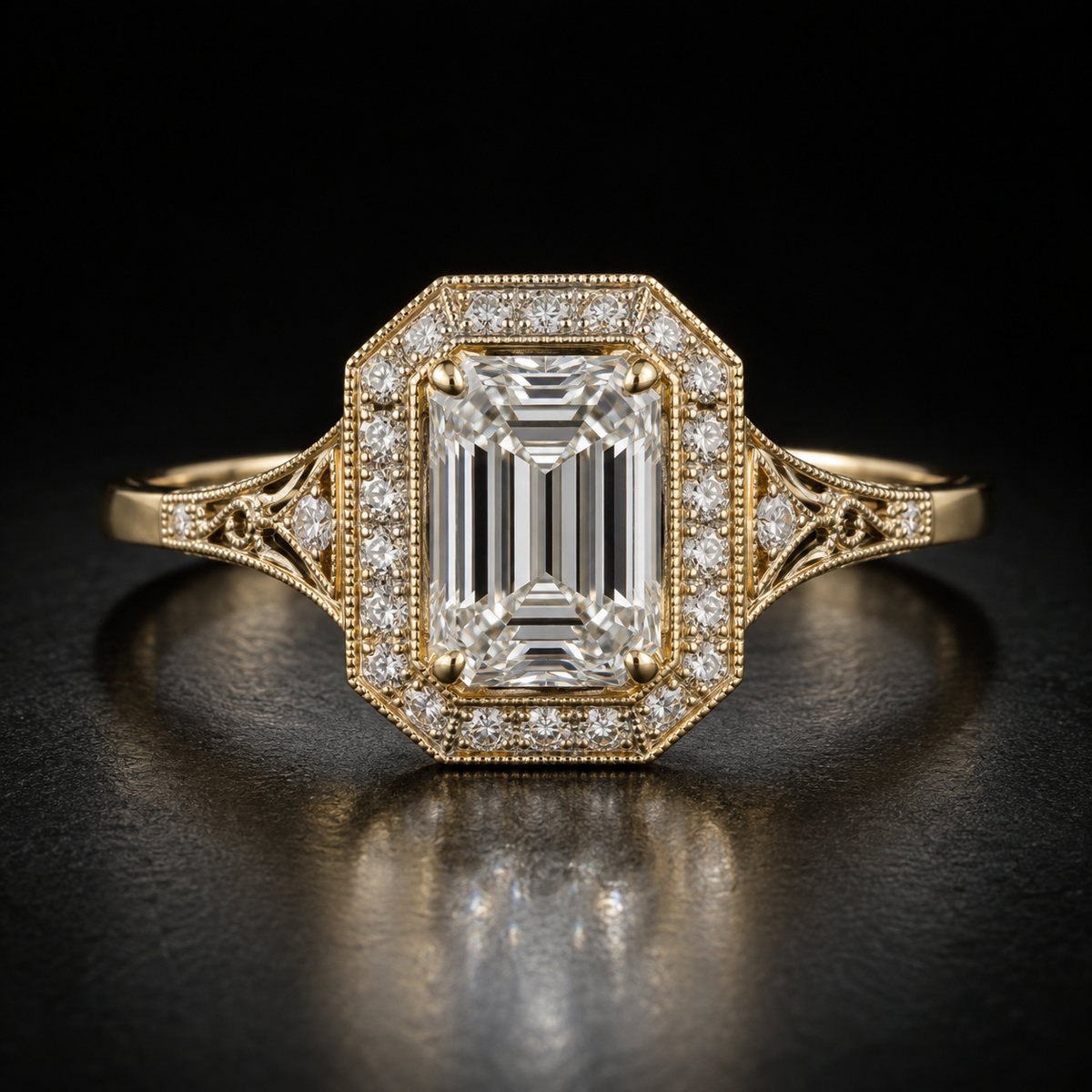 Art Deco Emerald-Cut Halo Engagement Ring in 18kt yellow gold
