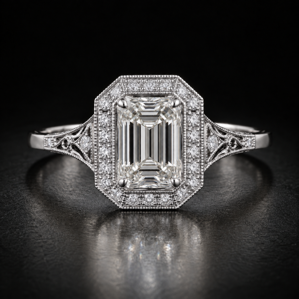 Art Deco Emerald-Cut Halo Engagement Ring