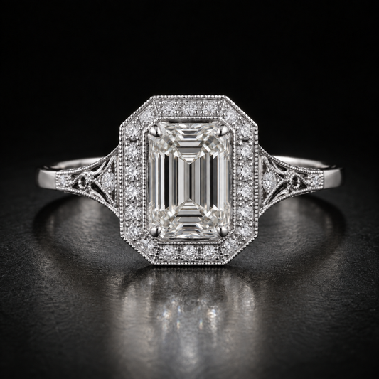 Art Deco Emerald-Cut Halo Engagement Ring in platinum