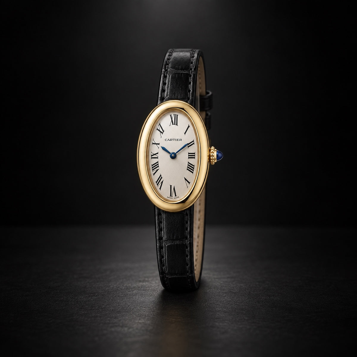 Cartier Baignoire yellow gold watch with silver dial and black leather strap