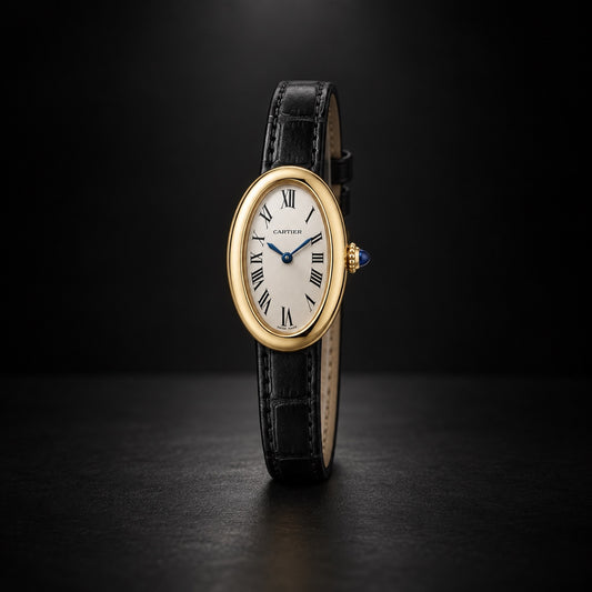 Cartier Baignoire yellow gold watch with silver dial and black leather strap