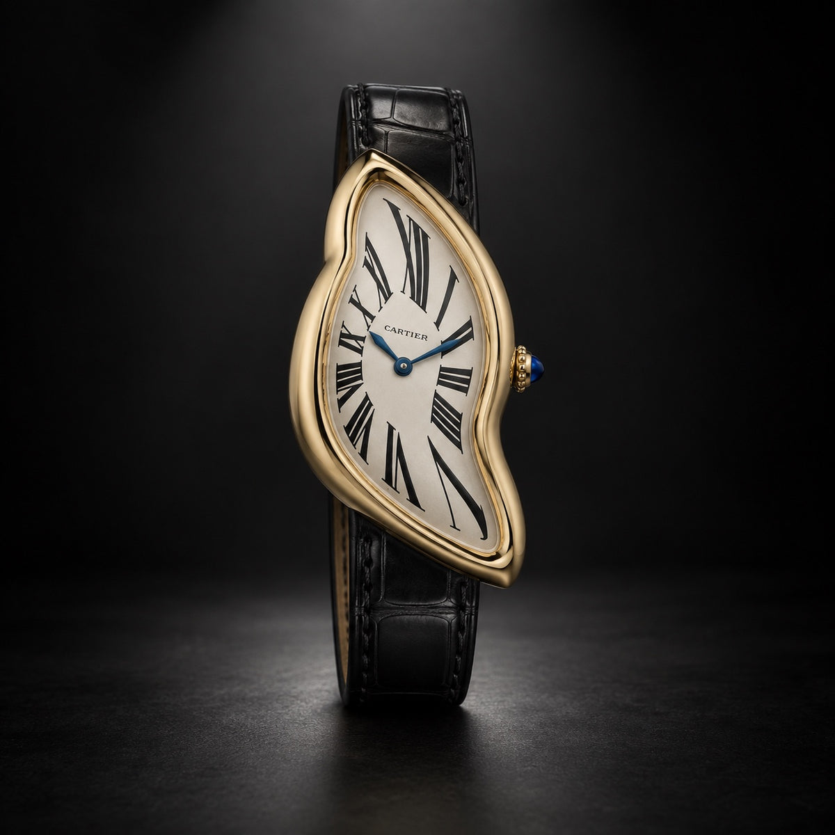 Cartier Crash yellow gold watch with silver dial and black leather strap