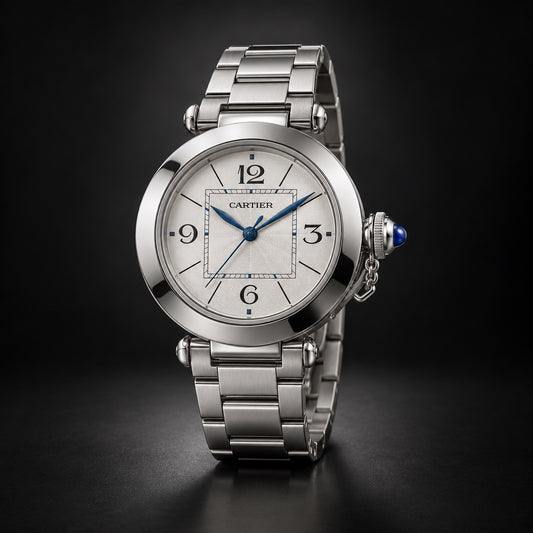 Pasha de Cartier steel watch with silver dial and bracelet