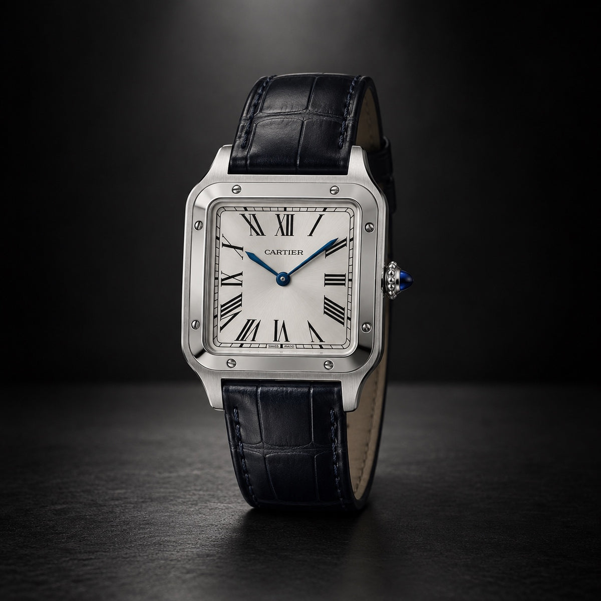 Cartier Santos-Dumont steel watch with silver Roman numeral dial and black leather strap