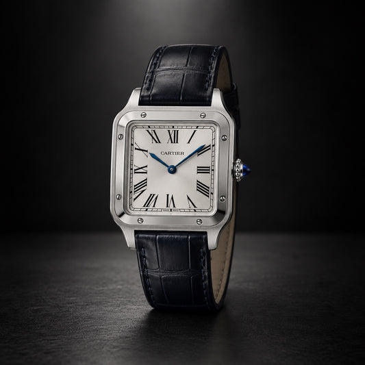 Cartier Santos-Dumont steel watch with silver Roman numeral dial and black leather strap