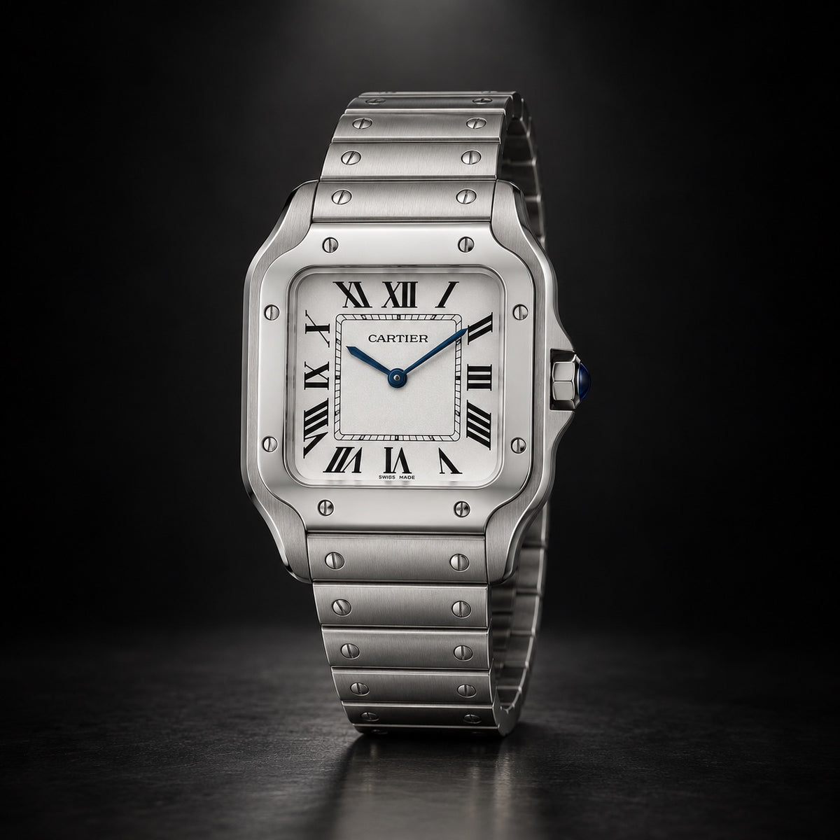 Cartier Santos in stainless steel with silver Roman numeral dial
