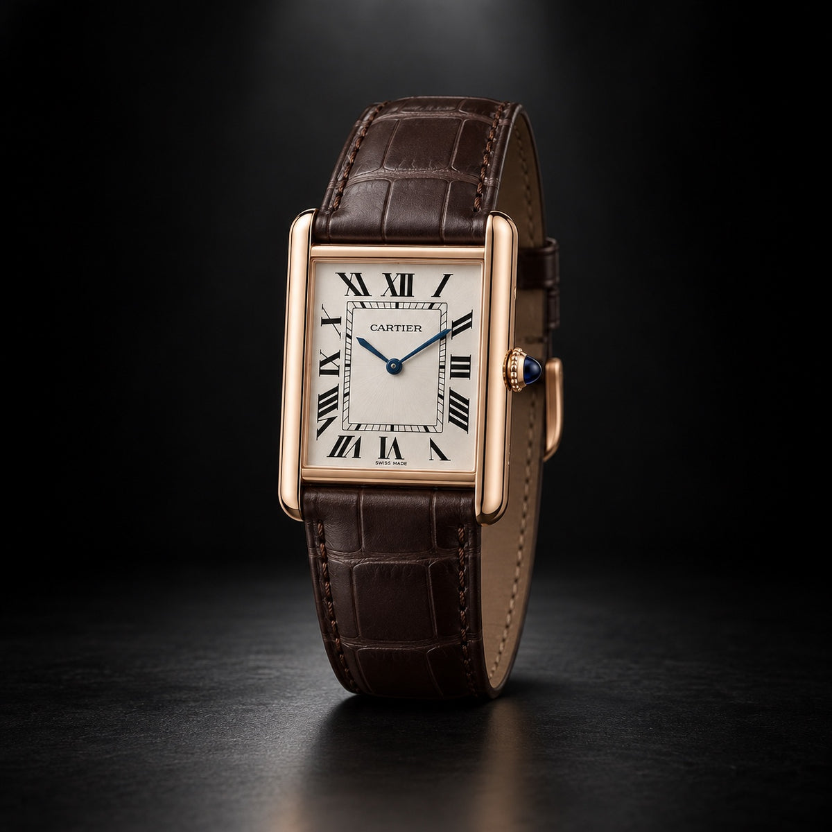 Cartier Tank Louis Cartier in rose gold with silver dial and brown leather strap