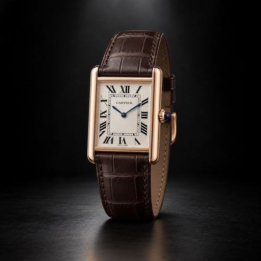 Cartier Tank Louis Cartier in rose gold with silver dial and brown leather strap