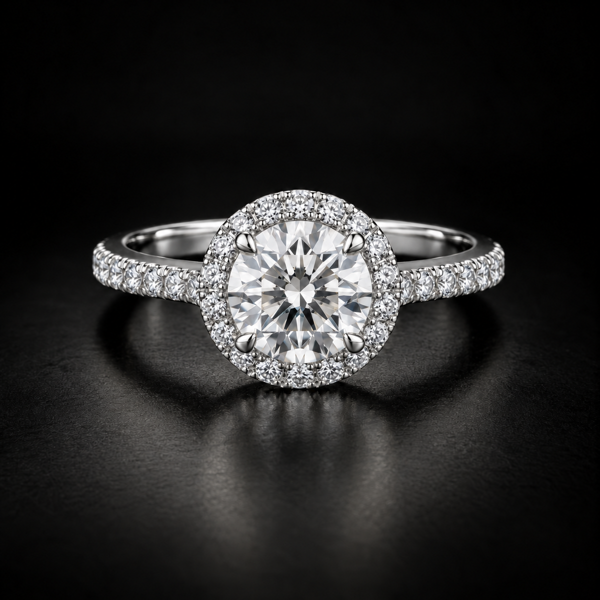 Classic Round Diamond Halo Pavé Engagement Ring in platinum