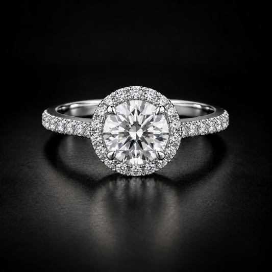 Classic Round Diamond Halo Pavé Engagement Ring in platinum