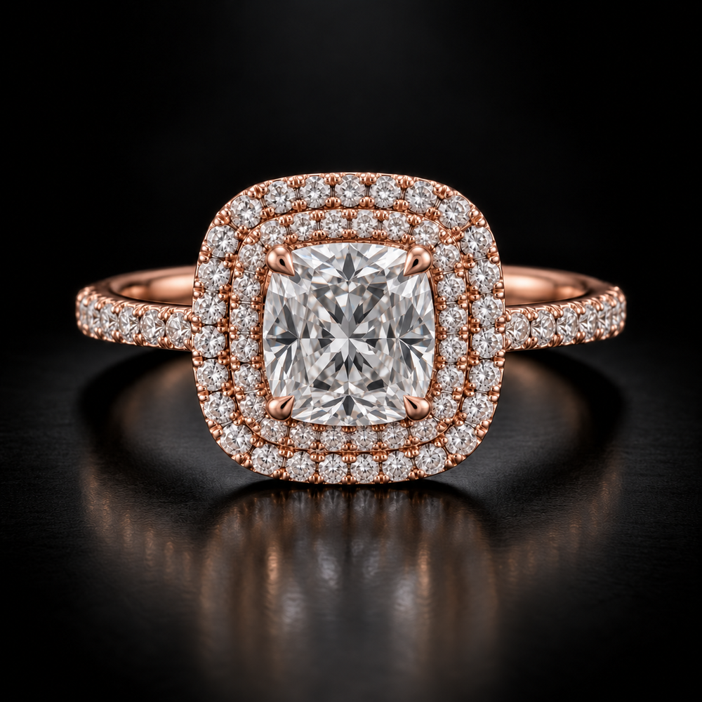 Cushion-Cut Double-Halo Pavé Engagement Ring