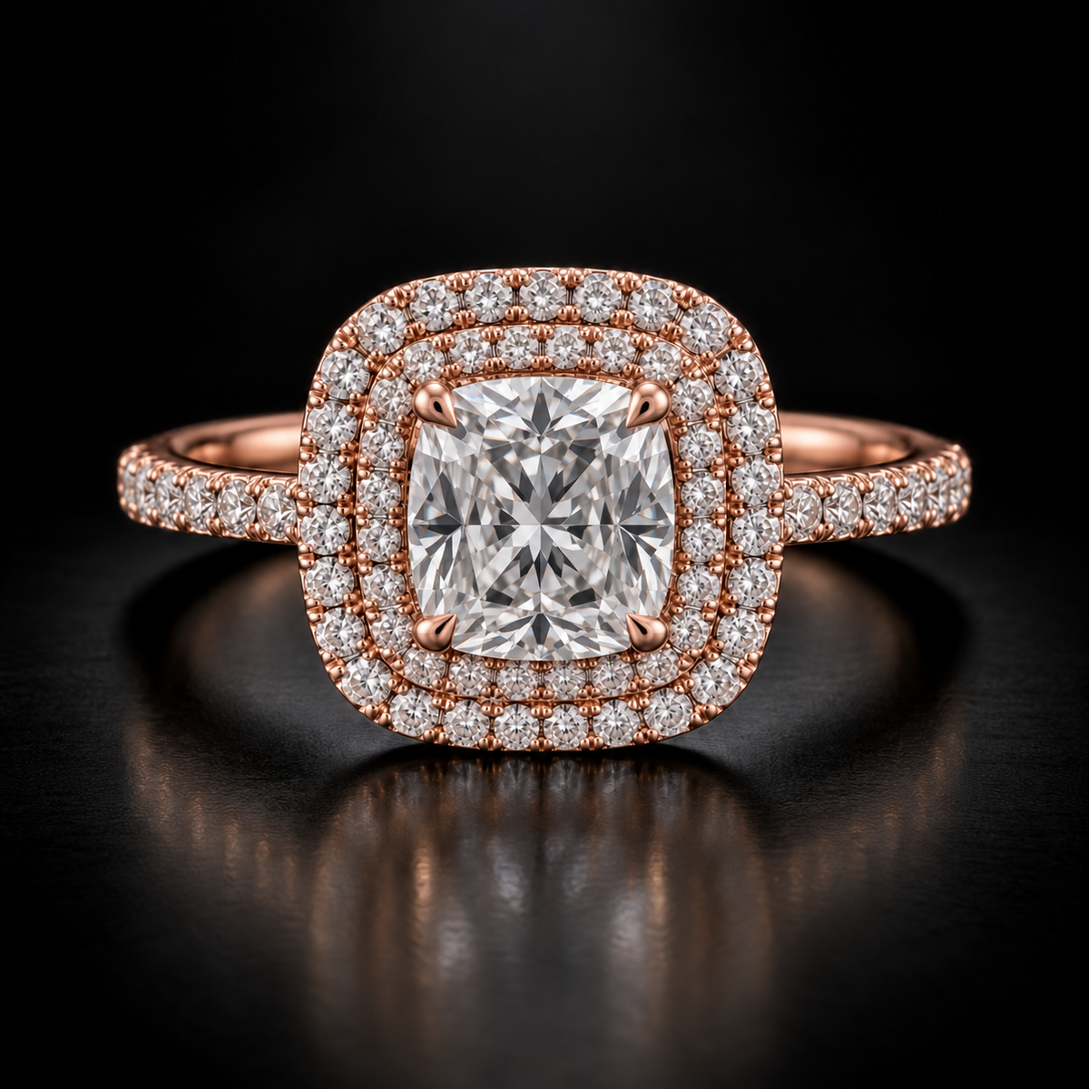 Cushion-Cut Double-Halo Pavé Engagement Ring in 18kt rose gold
