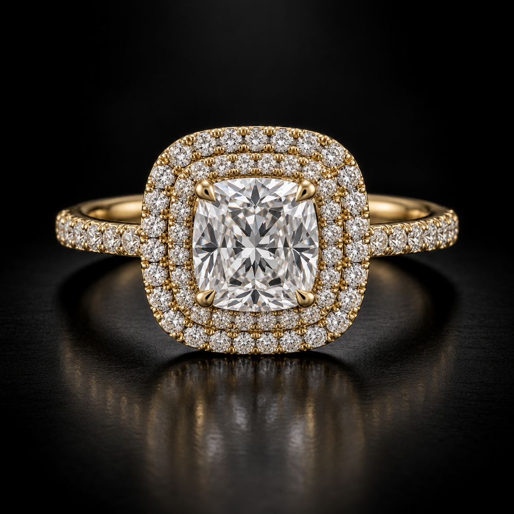 Cushion-Cut Double-Halo Pavé Engagement Ring