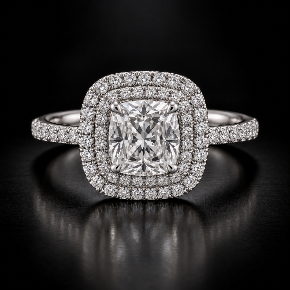 Cushion-Cut Double-Halo Pavé Engagement Ring