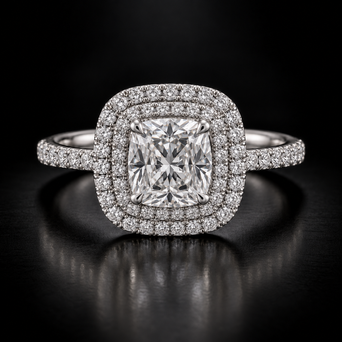 Cushion-Cut Double-Halo Pavé Engagement Ring in platinum