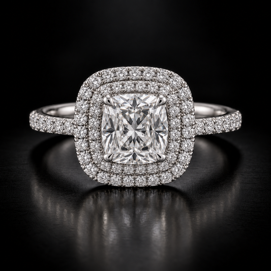 Cushion-Cut Double-Halo Pavé Engagement Ring in platinum
