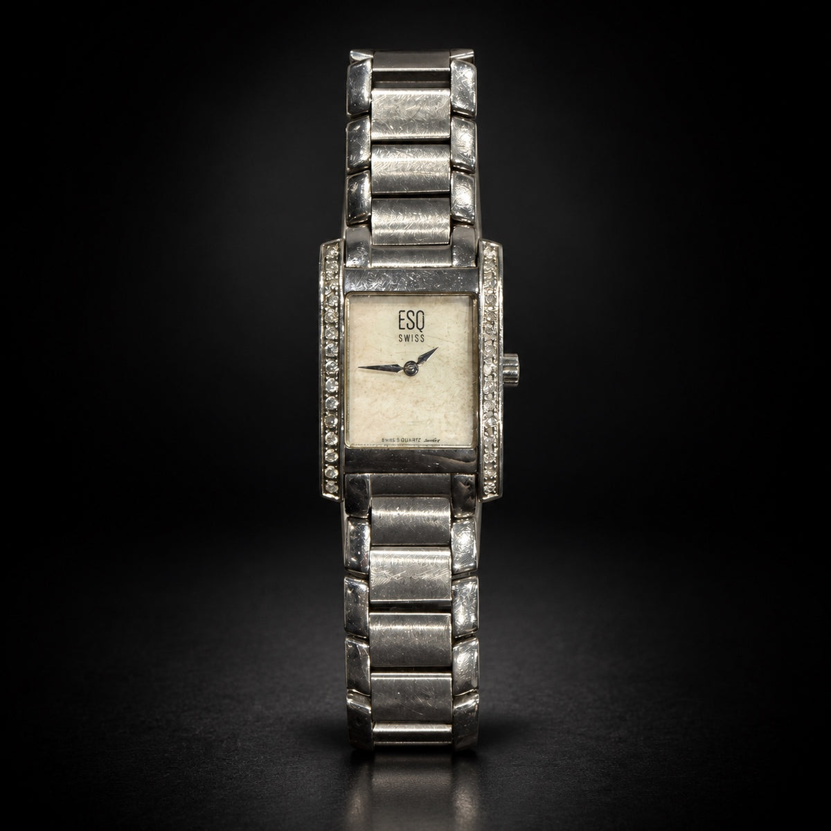 ESQ Swiss ladies rectangular silver-tone quartz watch with stone-set bezel