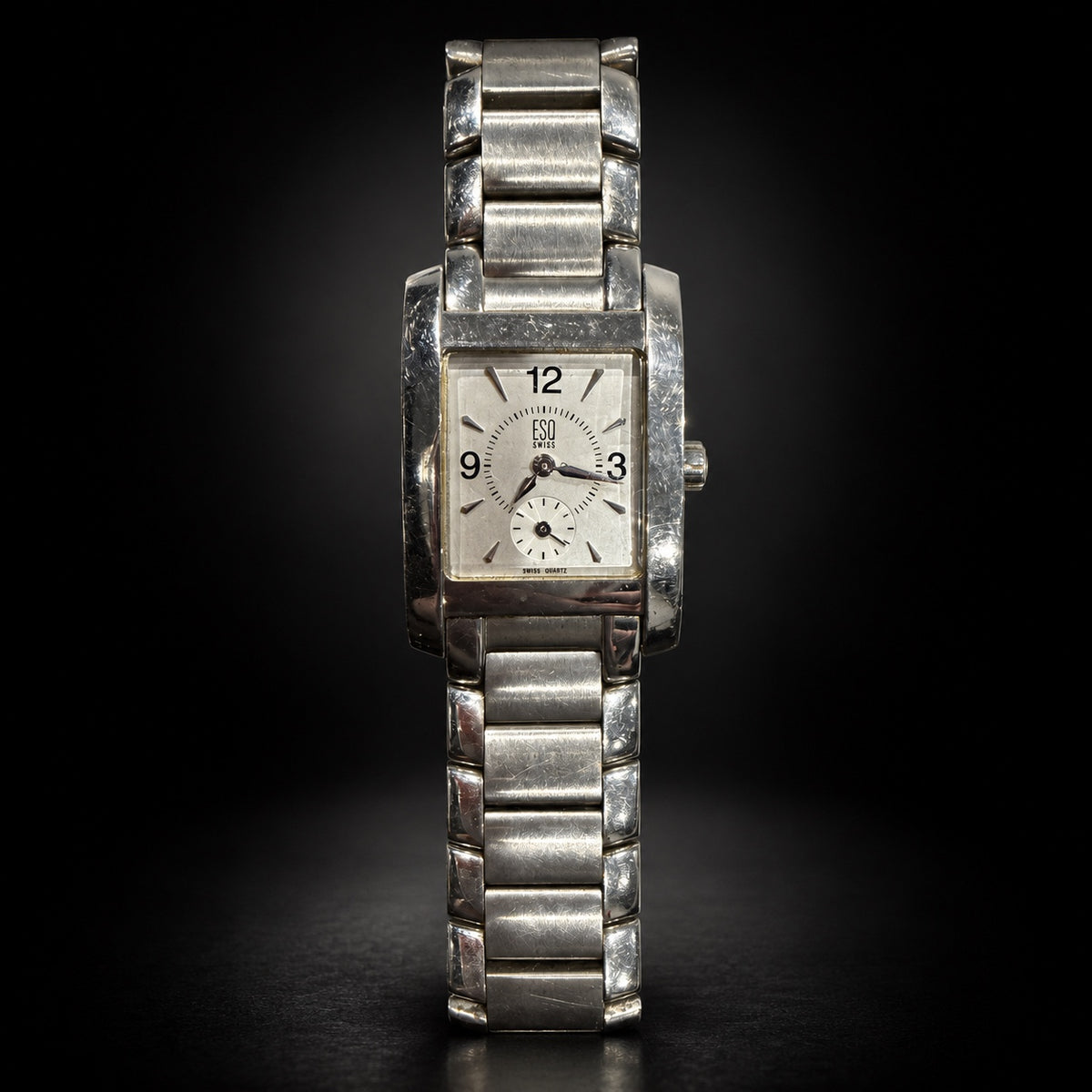 ESQ Swiss rectangular silver-tone quartz watch with small seconds dial