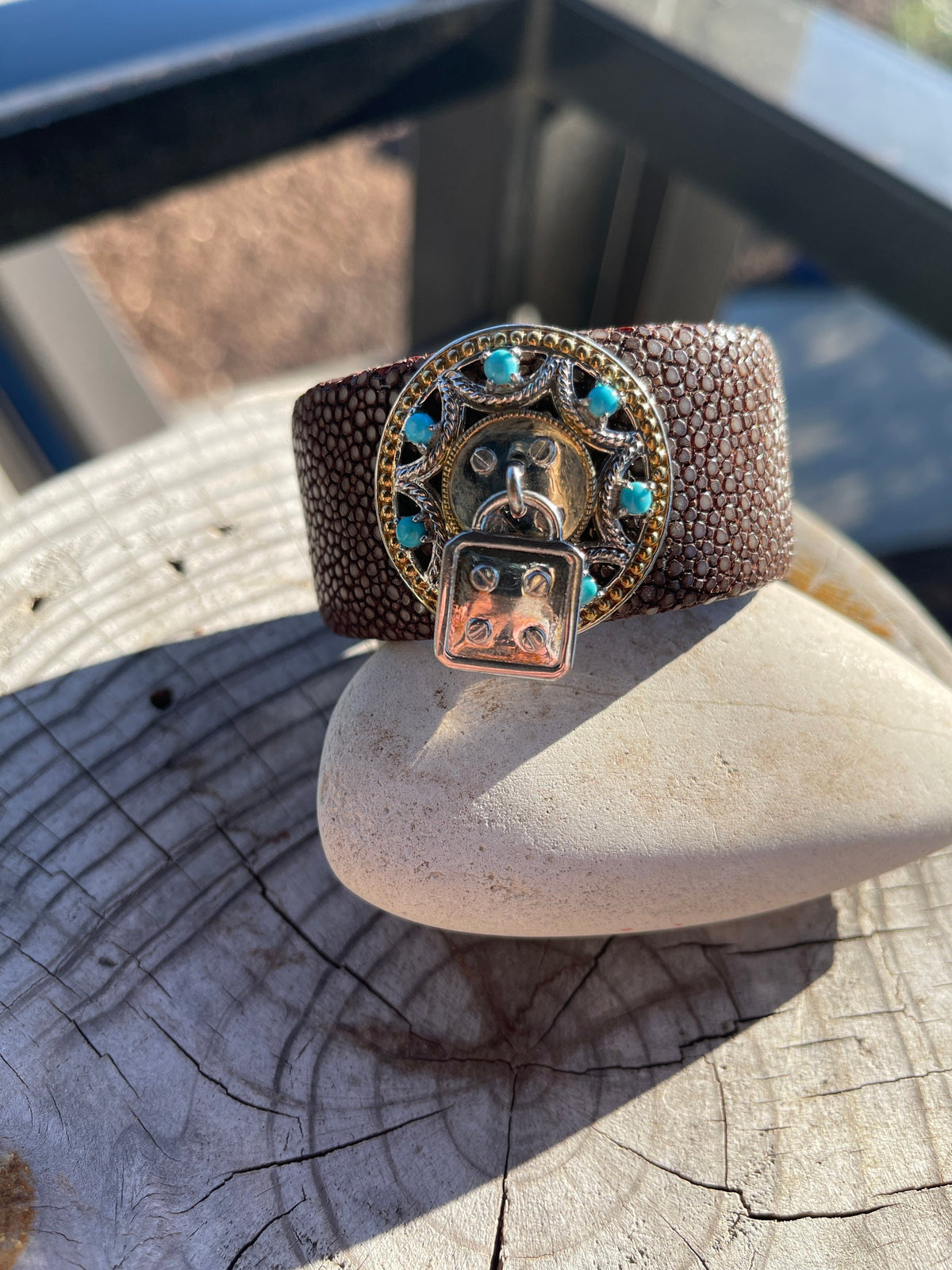 Sterling Silver and Turquoise Brown Leather Cuff Bracelet with Two Tone Bracelet Trim
