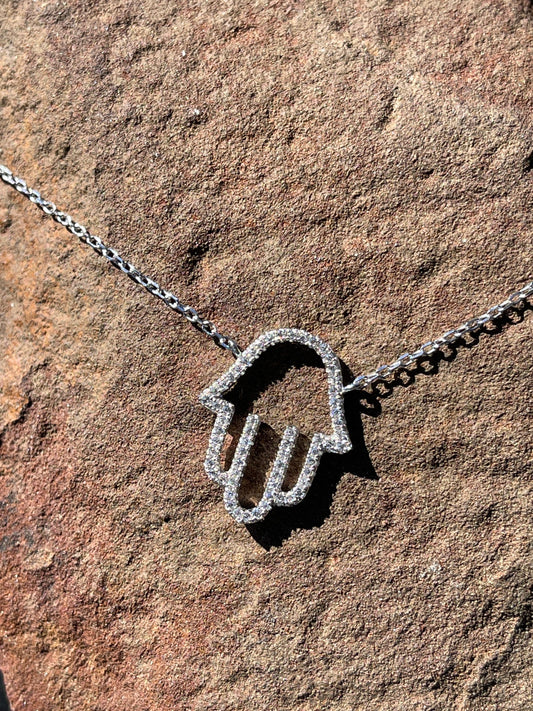 Sterling Silver Hamsa Necklace with Cubic Zirconias