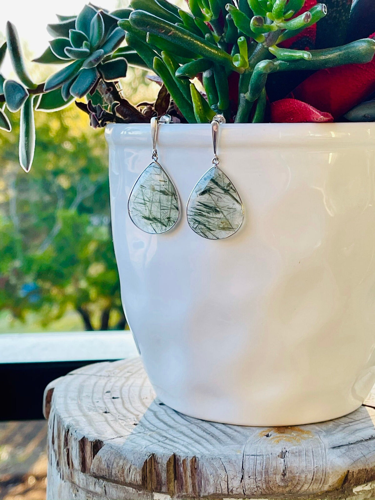 Rutilated Quartz Pear Shaped Sterling Silver Earrings