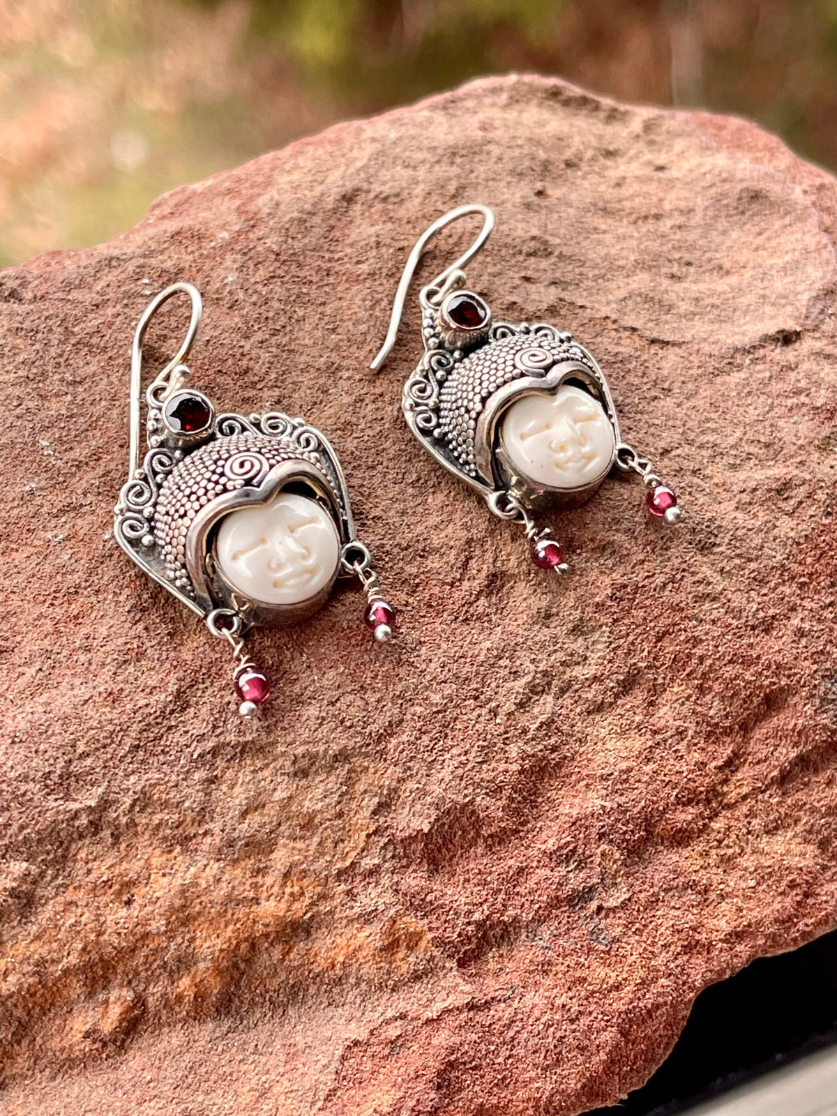 Sterling Silver Asian Face Earrings, Red Garnet Dangle Earrings