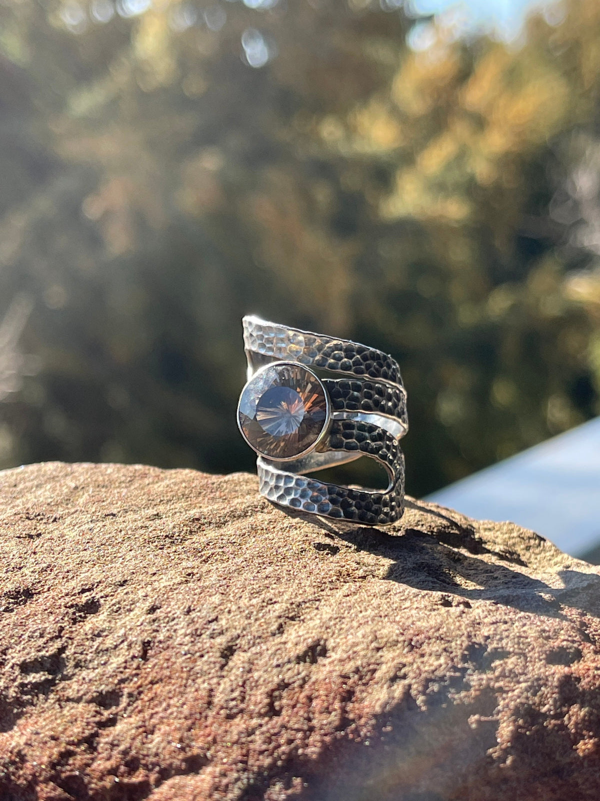 Sterling Silver Hammered Style Wide Ring with Bezel Set Smoky Topaz Quartz Stone