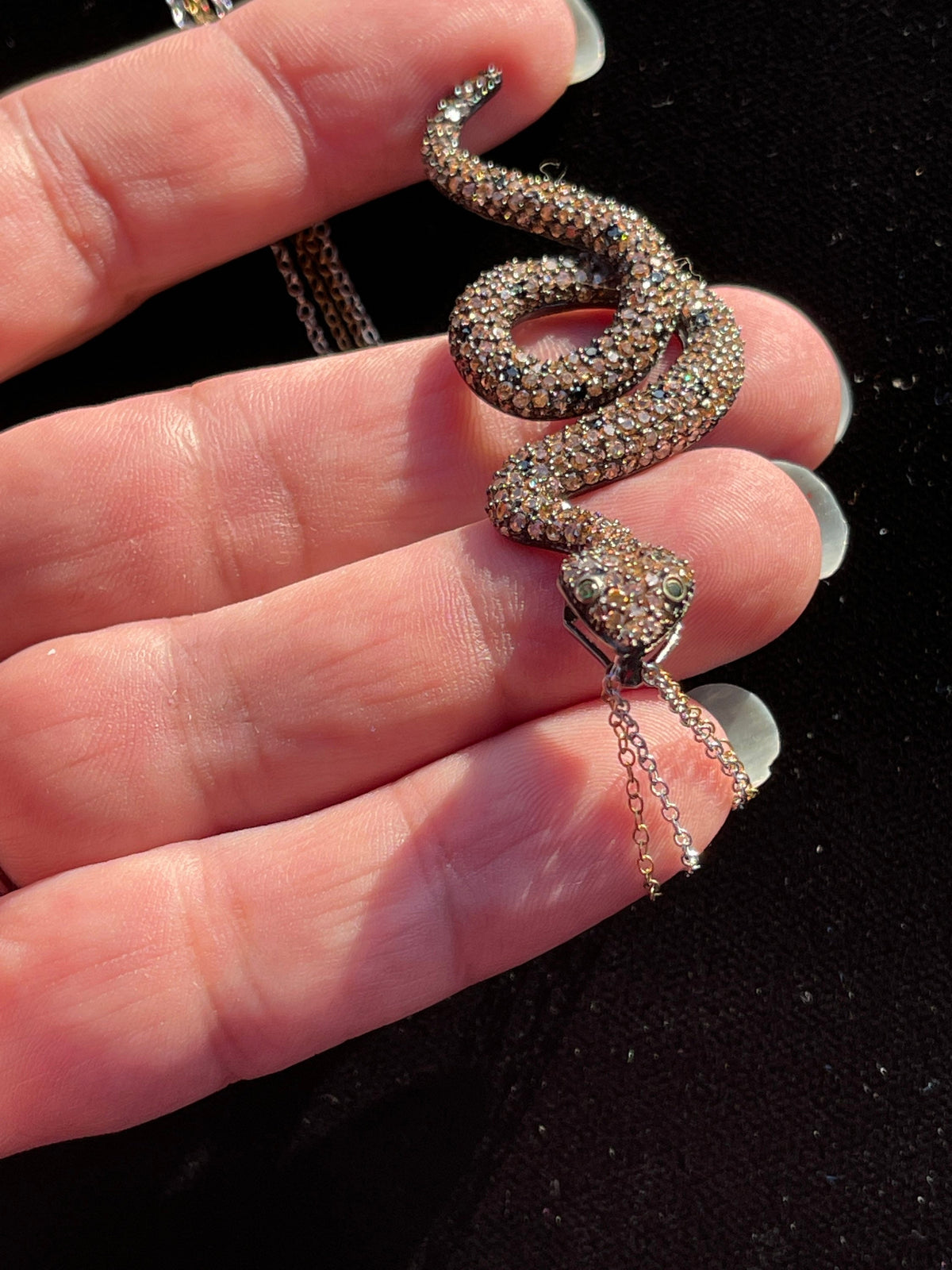 Sterling Silver Snake Pendant Necklace, Pavé Black & Golden Spinel