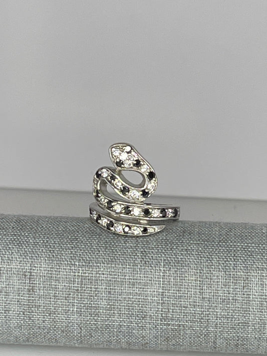Sterling Silver Cubic Zirconia and Black Spinel Whimsical Snake Ring