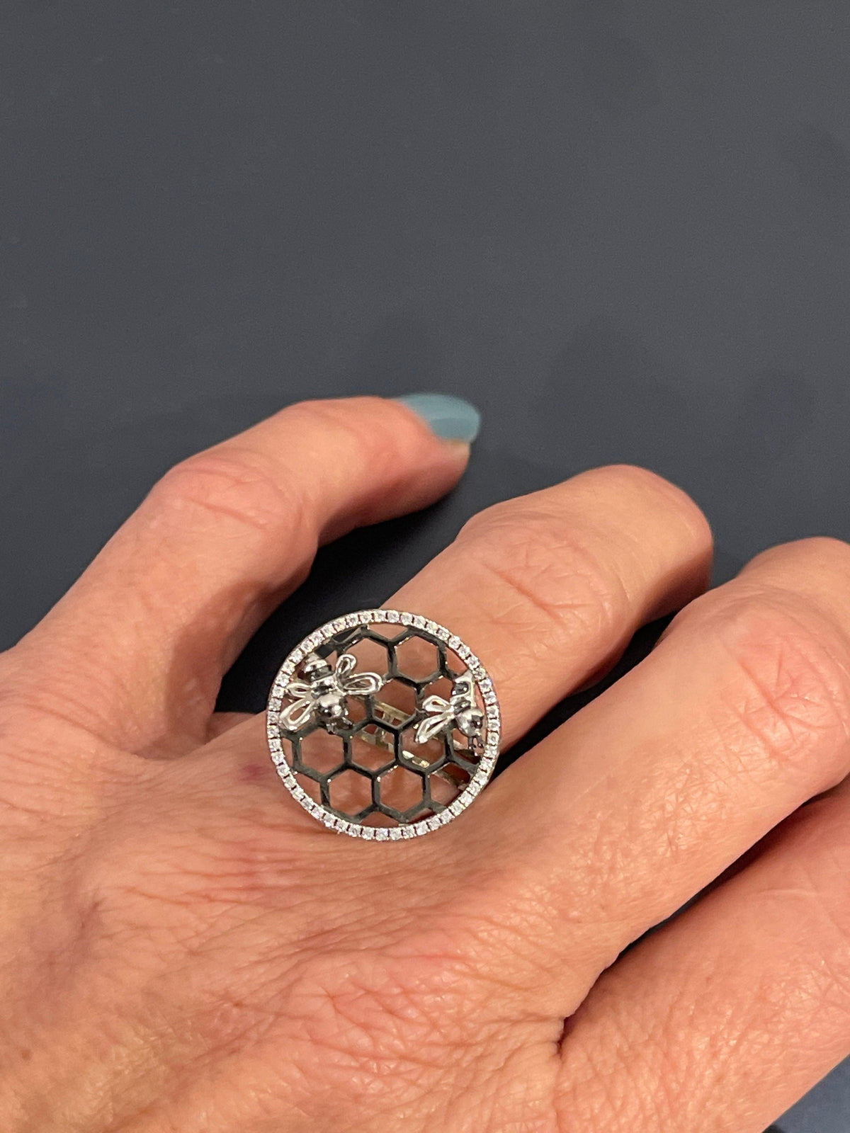 Sterling Silver Honeycomb and Bee Ring