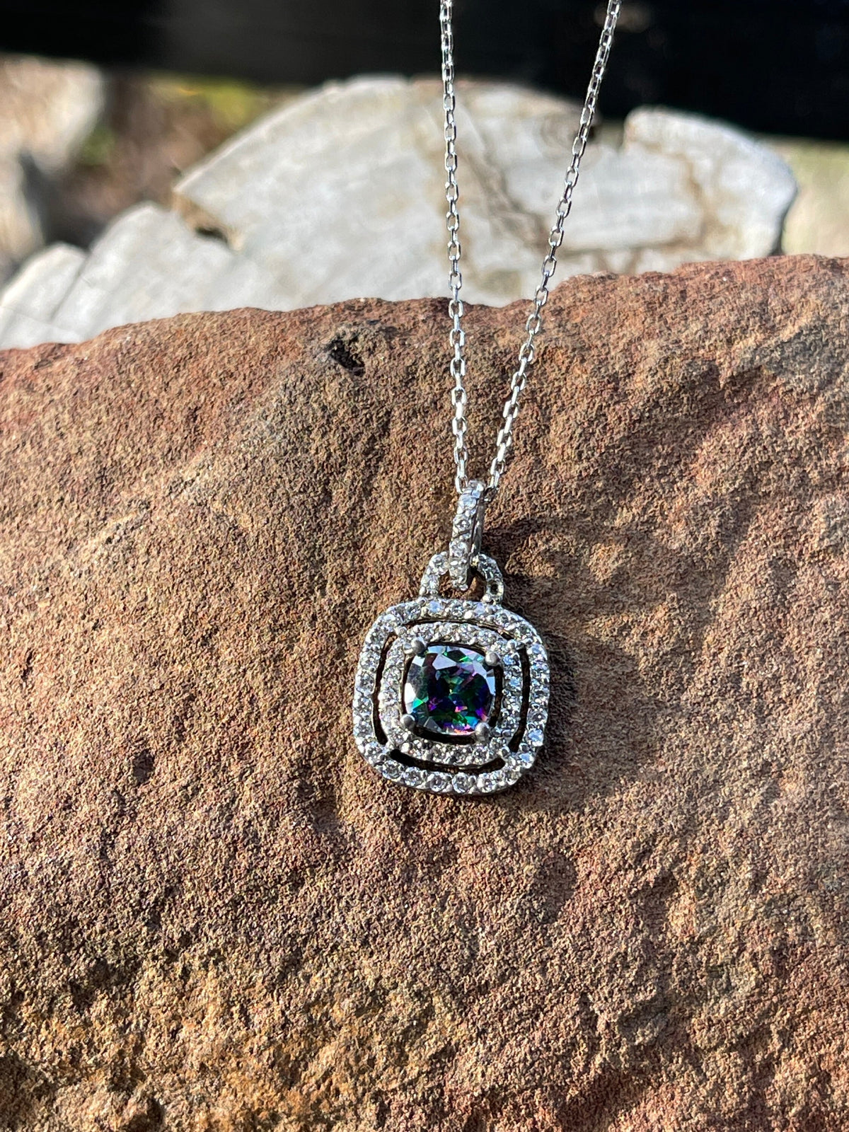Sterling Silver Mystic Topaz Pendant Necklace, Double Halo