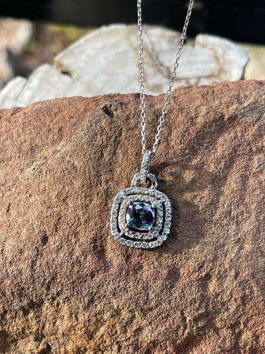 Sterling Silver Mystic Topaz Pendant Necklace, Double Halo