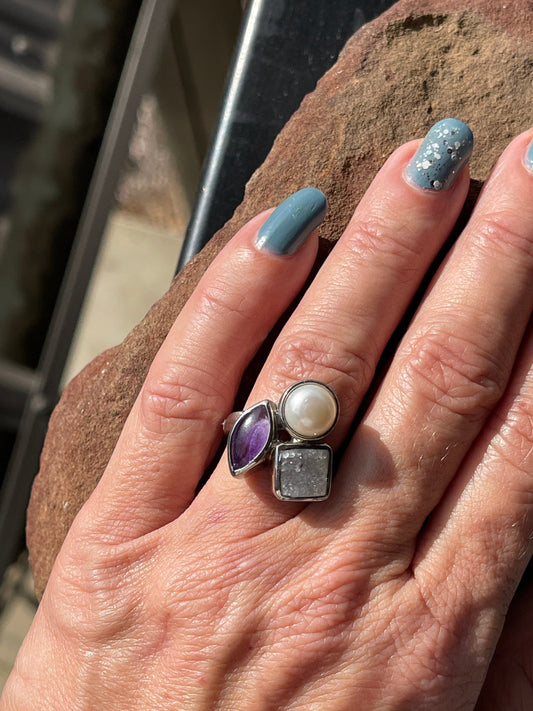 Sterling Silver Multi Stone Ring, Amethyst, Pearl, Crystal, Size 7.25
