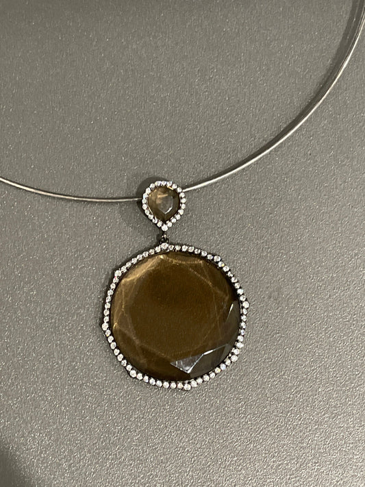 Smoky Quartz Sterling Silver Pendant Necklace, Cubic Zirconia