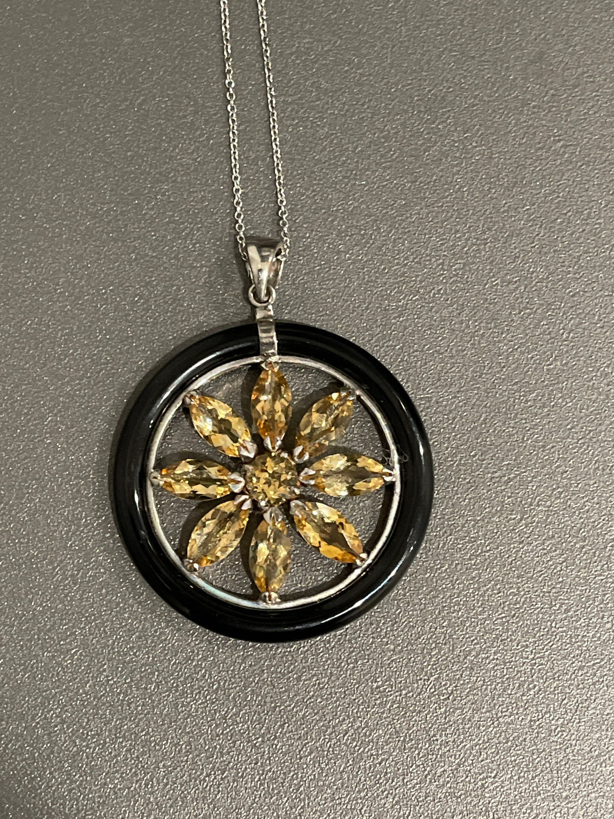 Sterling Silver Black Jade Yellow Topaz Flower Pendant, 18" Chain