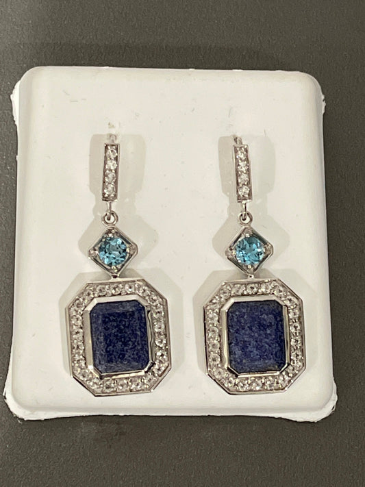 Sterling Silver Purple Agate, Blue Topaz and Cubic Zirconia Dangle Earrings