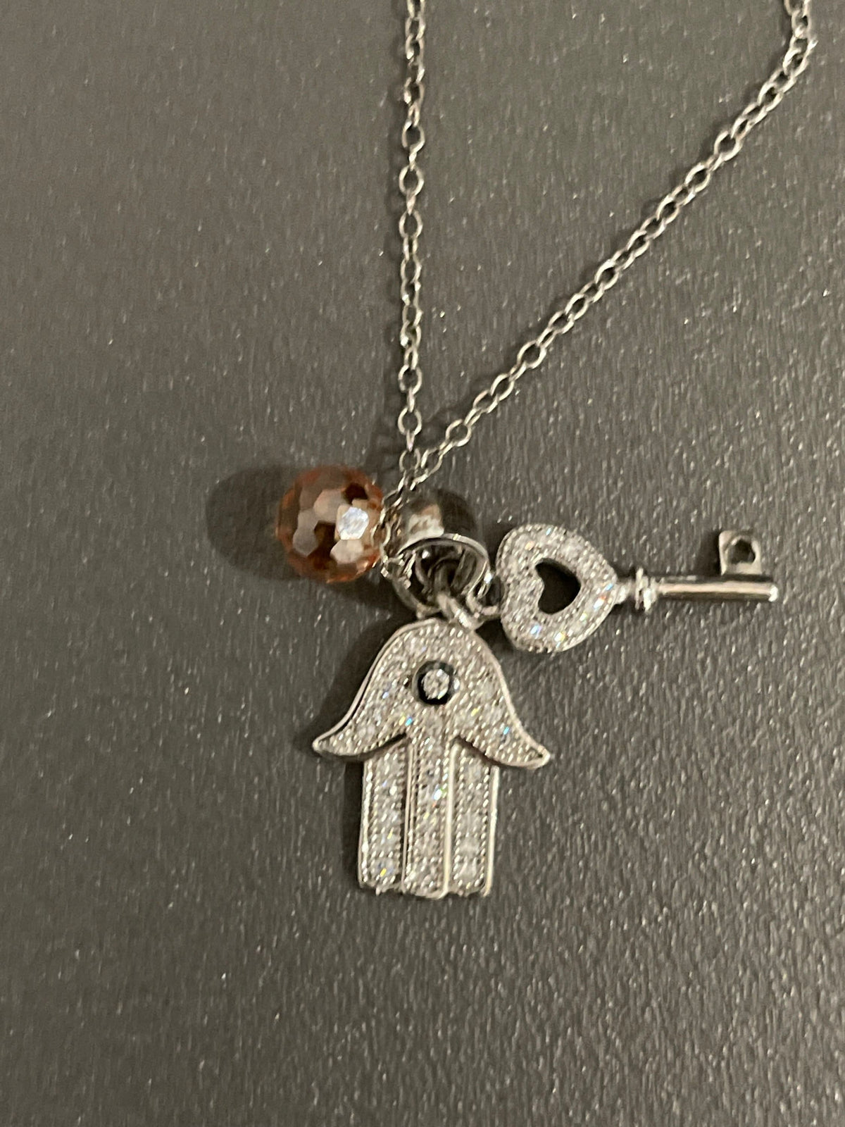 Sterling Silver Hamsa Key Charm Necklace with Citrine and Cubic Zirconia